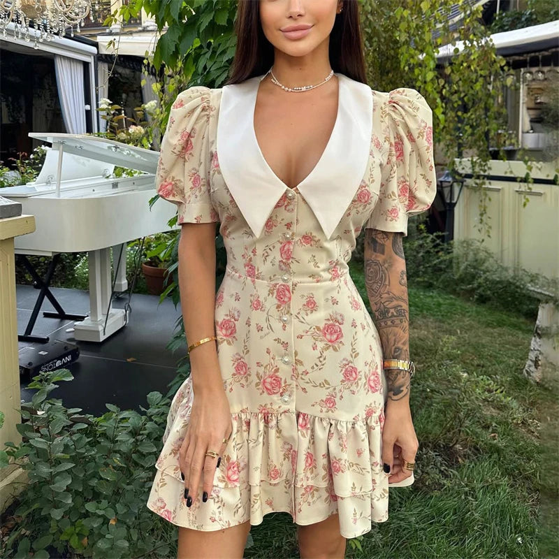Tornova Print Puff Sleeves Ruffled Dress Women's V-Neck High Waist Pearl Buttons Mini Dress Female Casual Vacation Fashion Dress