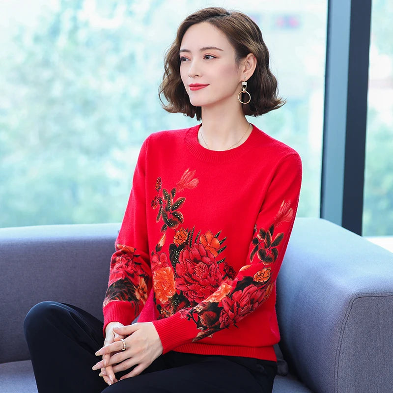 YISU Women Sweater New O-Neck Knitted pullove Long sleeve Simple Female Casual Loose Rose flower printing Women clothing