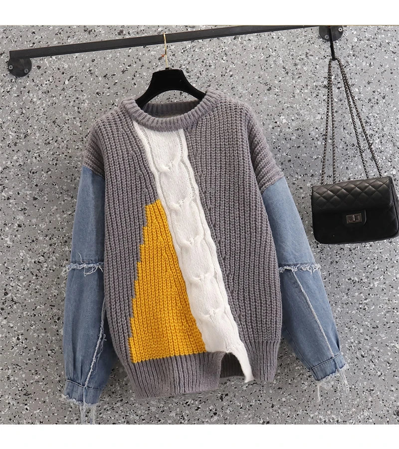 2023 Autumn Winter Sweater Women Casual Twist Woman Sweater Pullovers Denim Patchwork Jumper Warm Teen Oversized Streetwear