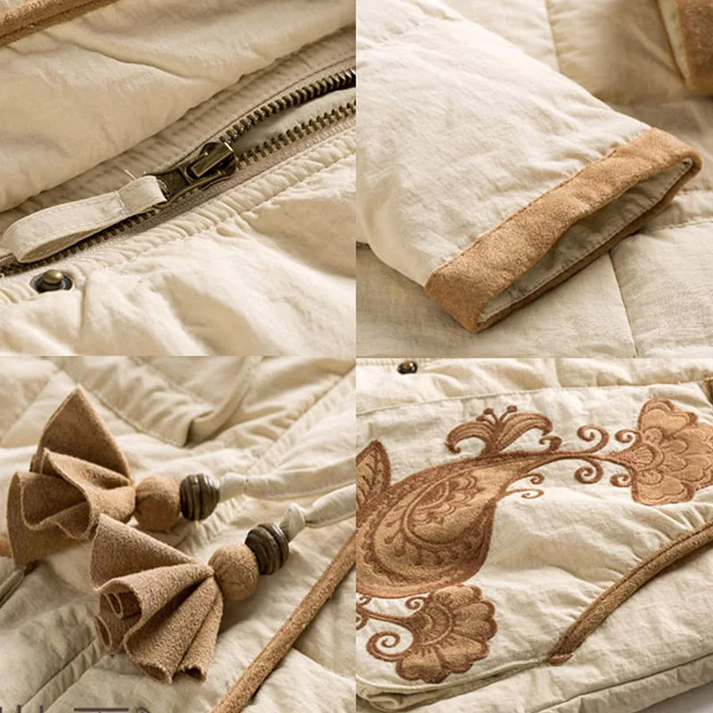 ARTKA 2018 Winter New Women's 90% White Duck Down Thick Coat Drawstring Patch Embroidery Pockets Vintage Down Jacket ZK10073Q