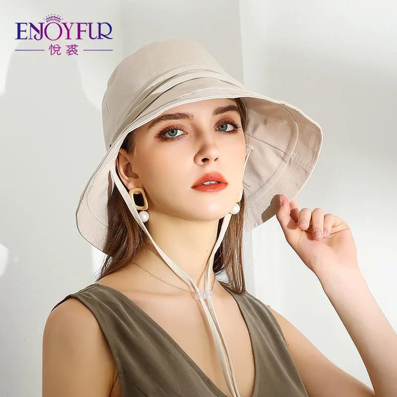 ENJOYFUR Women Cotton Summer Sun Hats Wide Brim Foldable Fashion Beach Hat Adjustable Lace-up UV Sun protection Female Cap New