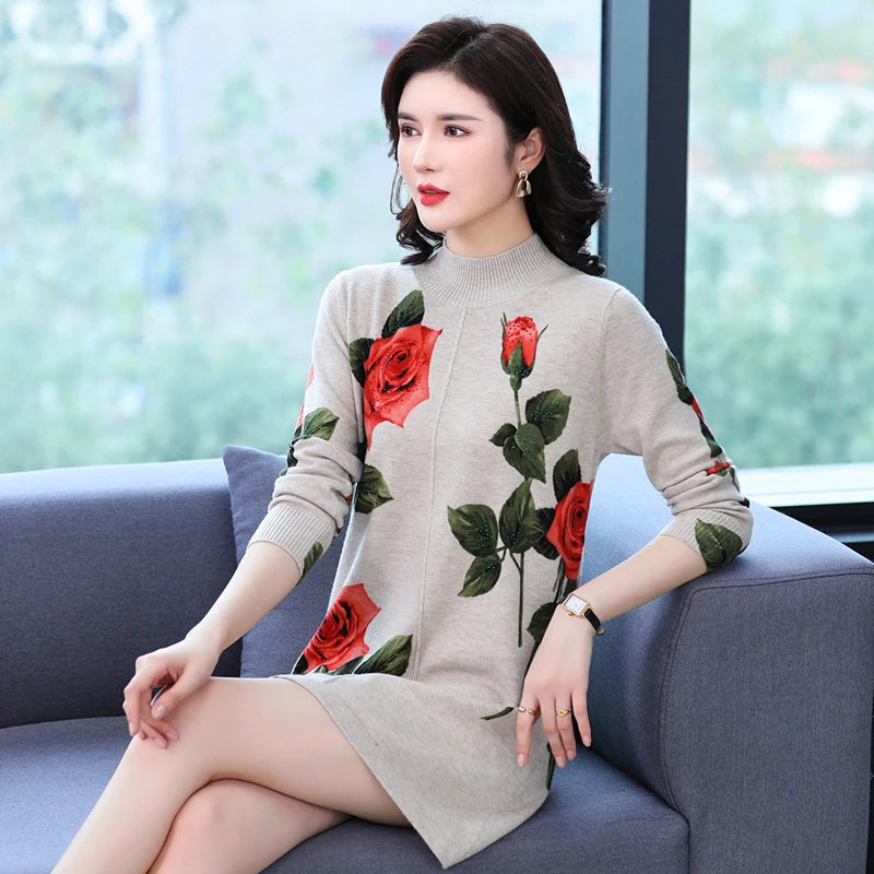 Yisu dugi džemper Žene pola visokog ovratnika tiskani labavi džemper dugih rukava Žene jesen zimska elastika povremena ženska osoba