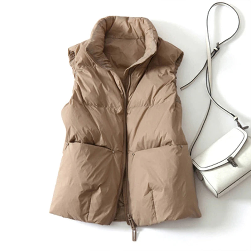 2022 New Body Warmer Women's Down Vest Jacket Loose White Duck Down Thick Waistcoat Vest Zipper Sleeveless Coat For Women