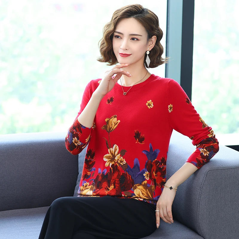 YISU Fashion Casual Autumn Women Sweater O-Neck morning glory Printing Long sleeve Tops Female Jumper Loose Knitted pullover