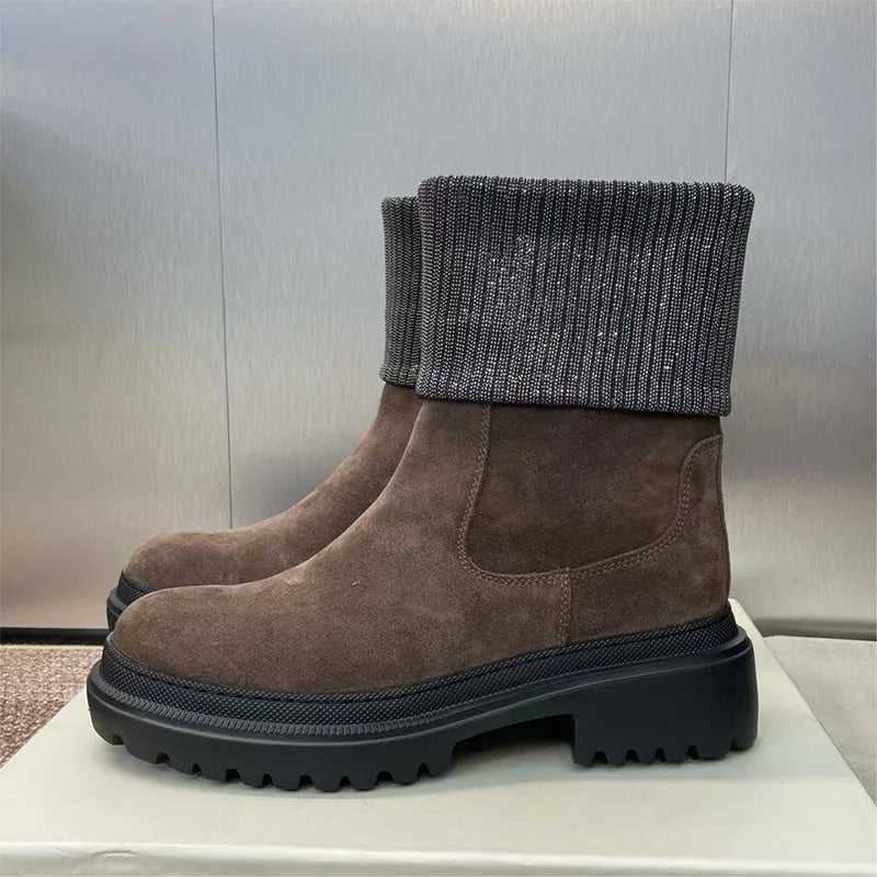 Luxury Quality Short Boots Woman Round Toe Flat Shoes For Women Cow Suede Ankle Boots String Bead Motorcycle Boots Women