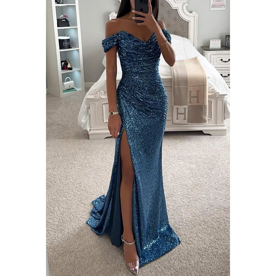 BWQ Women Off Shoulder Prom Dresses Elegant Sequin Solid Evening Party Dresses Ladies Wrap Split Sequined Maxi Formal Dress