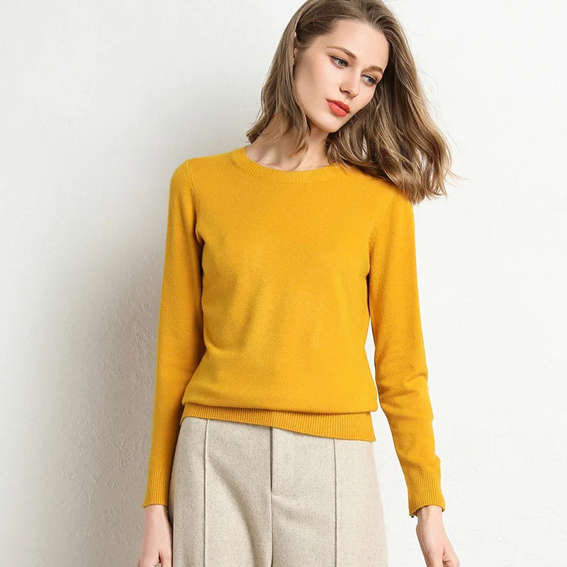 Women Slim O-Neck Solid Pullover Cashmere Wool Blending Sweater Autumn And Winter Long-Sleeved Knit Bottoming Shirt Large Size