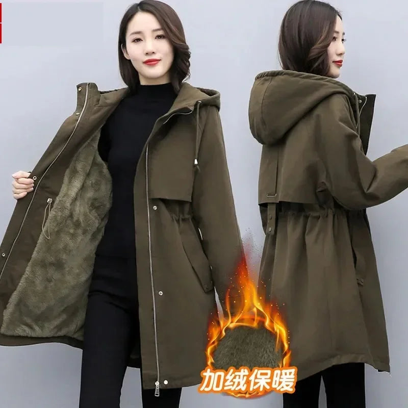 Nova fêmea Parka 2025 Inverno Novo Corano Push Cachume Casaco de algodão feminino Senhoras casaco de capuz quente de comprimento médio de comprimento casual