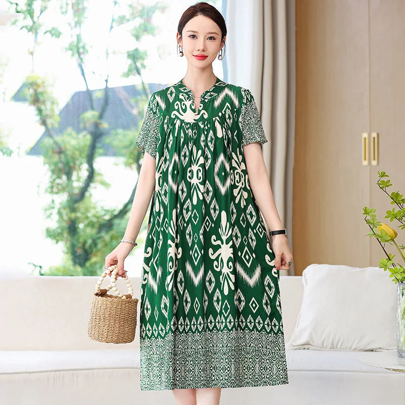 Large Size Print Cotton Rayon Sleep Dress For Summer Nightgowns Women New Loose Ladies Nightshirt Lounge Home Night Shirt XL-5XL