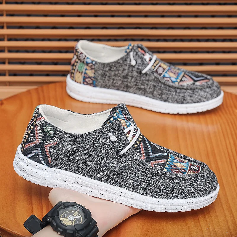 New Ethnic Style Men's Shoes Linen Canvas Walking Trendy Shoes Casual Breathable Flat Plate Shoes