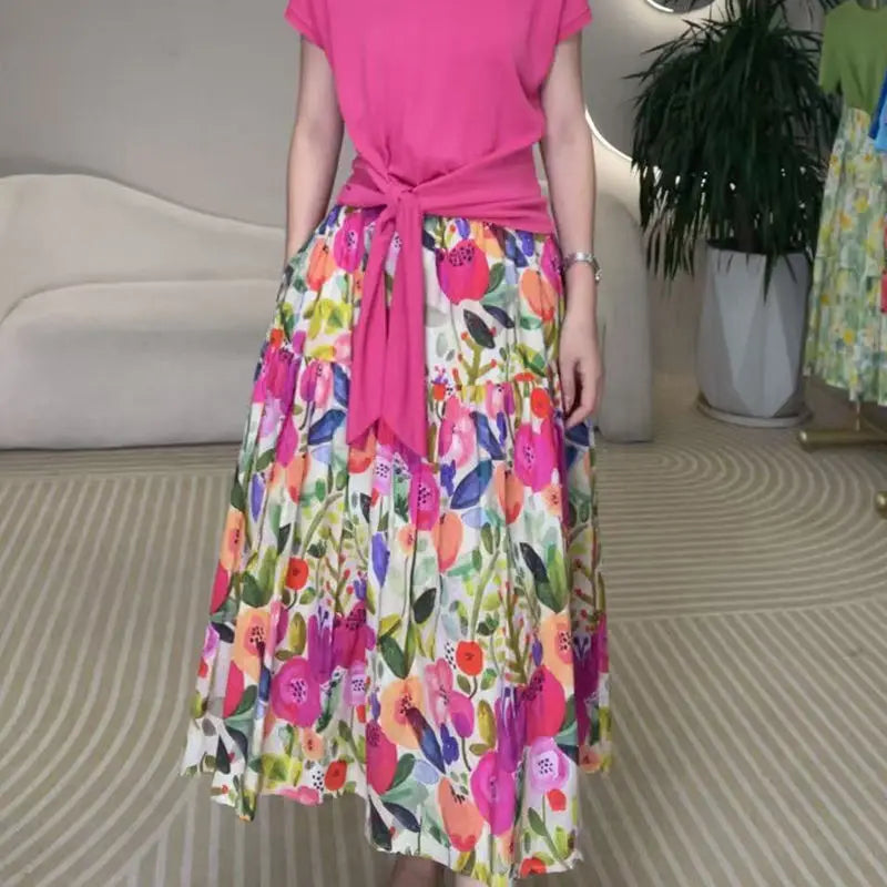 Fashionable Elastic Waist Printed Women Summer Thin A-line Large Umbrella Skirt