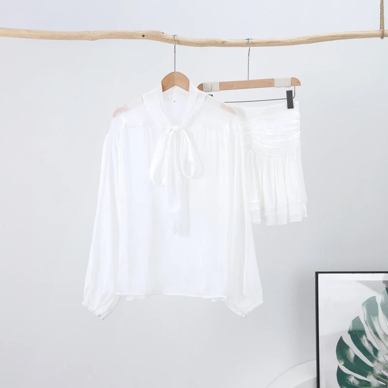 Elegant Bow Lace Up Top Skirts Set For Women O-neck Long Lantern Sleeve Blouses High Waist Pleated Skirt 2025 Autumn Lady Outfit