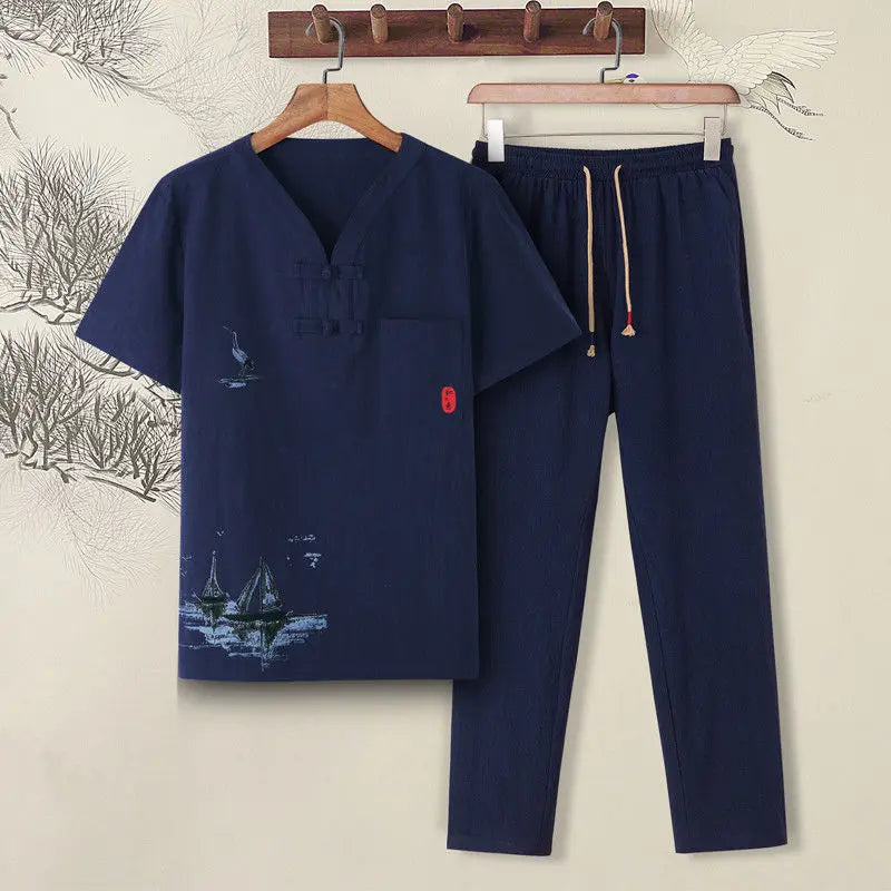 Zomermannen korte mouwen T-shirt Casual katoen en linnen vaste kleur veelzijdige losse broek