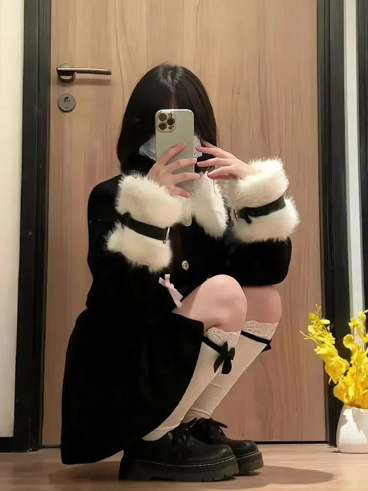 2024 Zimní korejská módní bunda kabát ženy Venkov vlněný vlna elegantní štíhlé šaty Coat Office Lady Warm Fur tlustá dlouhý rukáv směsi