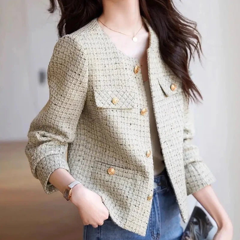 Splicing New In Women's Wool & Blends Coat Round Neck Korean Style Clothing Ladies Jackets Elegant Hot High Quality Luxury Cheap