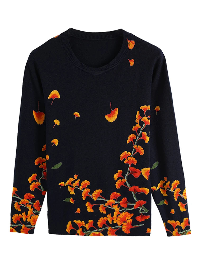 Yisu pullover tröja kvinnor mjuk lös o-hals stickade tröjor jumpers kvinnliga sycamore lämnar tryckning fritid tröja kvinnor