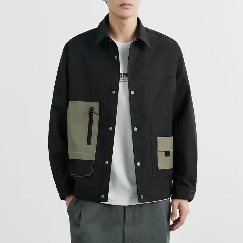 Anti-wrinkle Fine-woven Twill Men's Collar Jacket Spring Autumn Trend Slightly Loose Patchwork Workwear Casual Coat