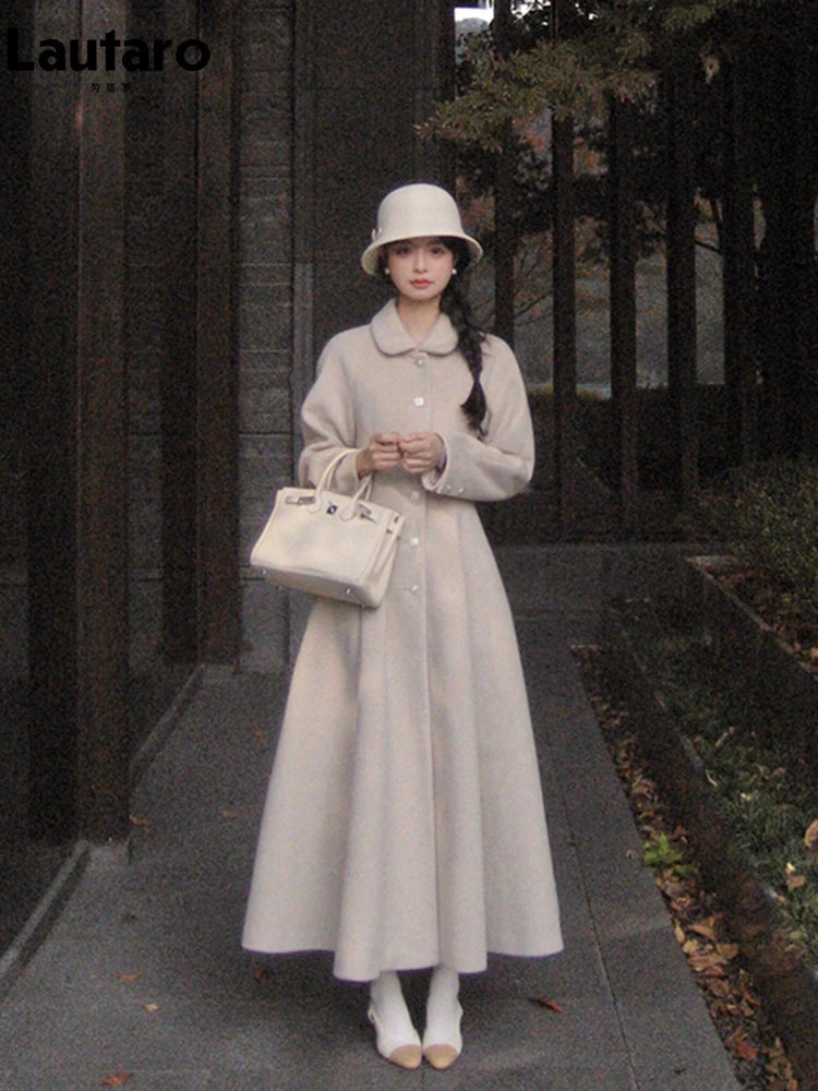 Lautaro Winter Long Wool & blends Coat for Women Chic Luxury Elegant High Quality Womans Clothing Skirted Woolen Overcoat 2024