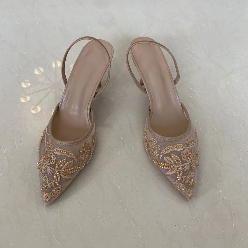 Mesh Embroidered Women Sandals String Bead Thin High Heels Mules Shoes Pointed Toe Slingback Slippers Women Zapatos De Mujer