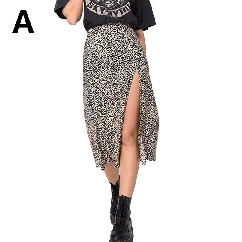 Vintage Skirt Summer Flower Leopard Print High Waist Strekk