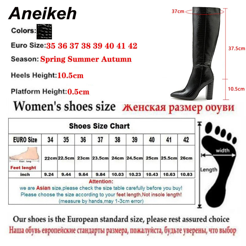 Aneikeh Pointed Thick Heels Knee Long Boots Women's 2025 Spring/Autumn Patent Leather Crocodile Pattern Panel Side Zipper Boots