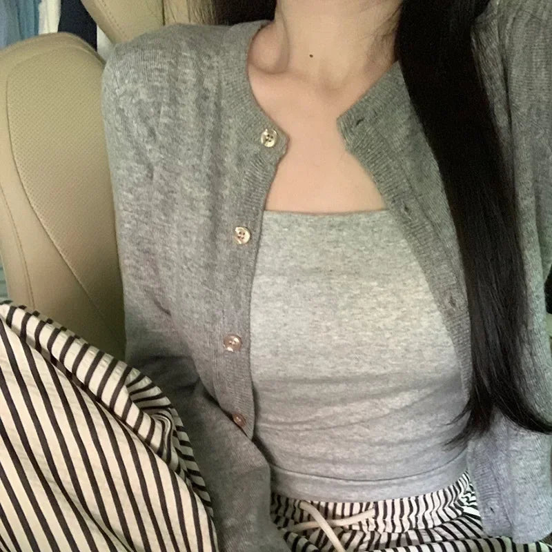 Red Round Neck Sweater Knit Cardigan Outerwear Women 2024 New Early Spring Clothing Slim Fit Short Long Sleeve Top