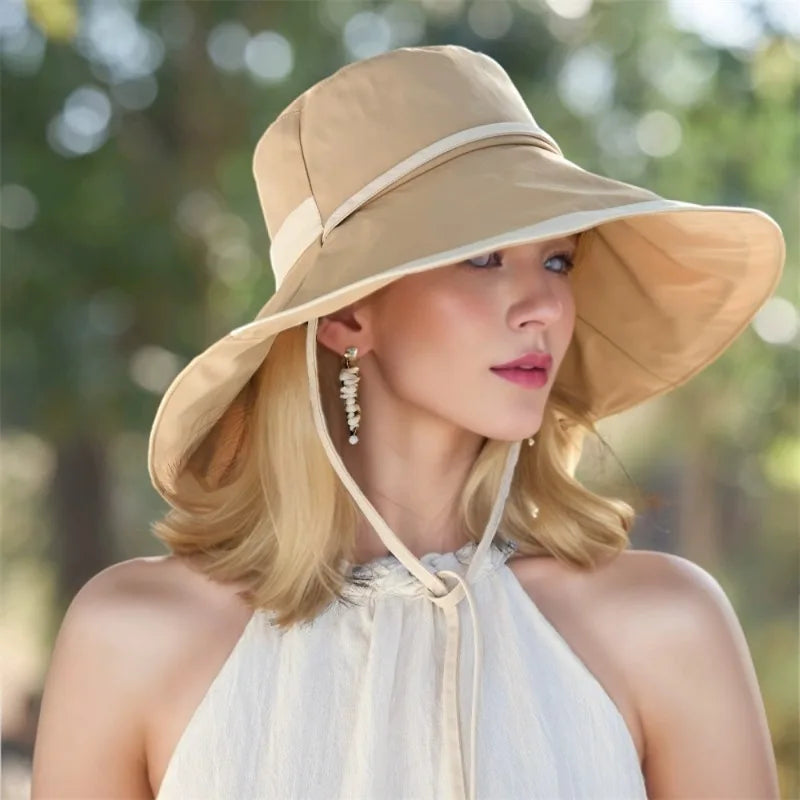 Nový francouzský styl Dámské sluneční klobouk široký okraj Fisherman Hat Beach Travel, Lehký skládací sláma letní klobouk s elegantním