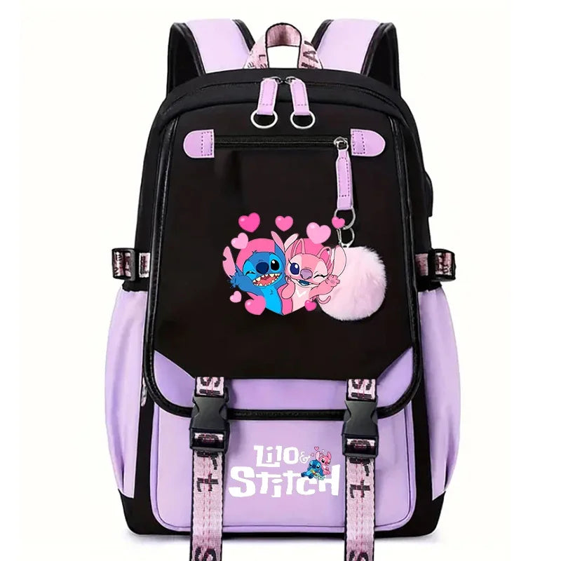 Stitch Large Capacity Backpack, Student Travel Commute Schoolbag, Simple Casual Knapsack with Headphone Jack And Charging Port