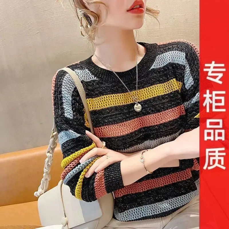 2024 Spring Summer New Hollow Color Striped Knitted Top Women's Loose Fit Cropped Bat Top Thin Cover Ups Crew Neck Pullovers