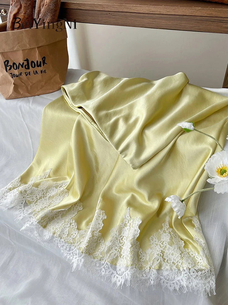 Beiyingni French Elegant Satin Mermaid Skirt Women Spring Summer Lace Patchwork Pack Hip Long A-line Skirts Office Ladies Faldas