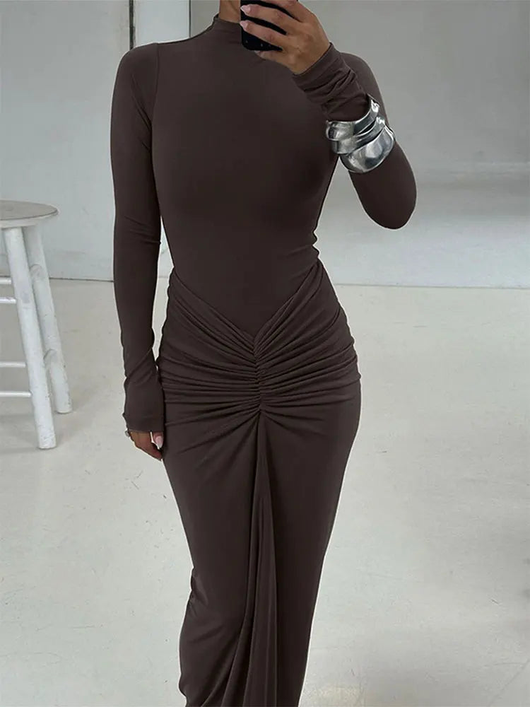 Есенни жени рокли нови улични дрехи солидни секси модни гънки о-деколте дълги ръкави небрежни тънки макси рокли елегантна плетена рокля