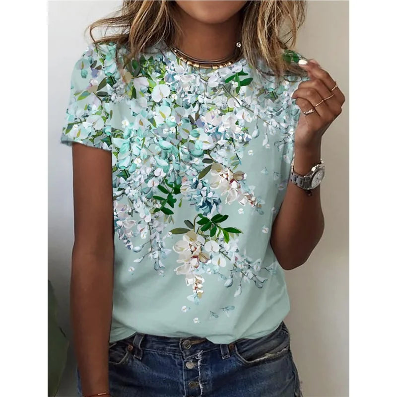 3D Printed Purple Wisteria Flower T Shirt For Women Plants Graphic Short Sleeves Summer Street O-Neck Tees Tops Loose T-Shirts