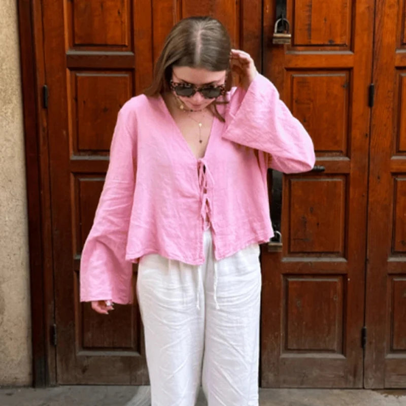 C.New S 2024 Proljeće Nove ženske ulice vrhovi zelena lanena čipka Up Dugi rukav za žene modni chic casual labav V vrat košulja