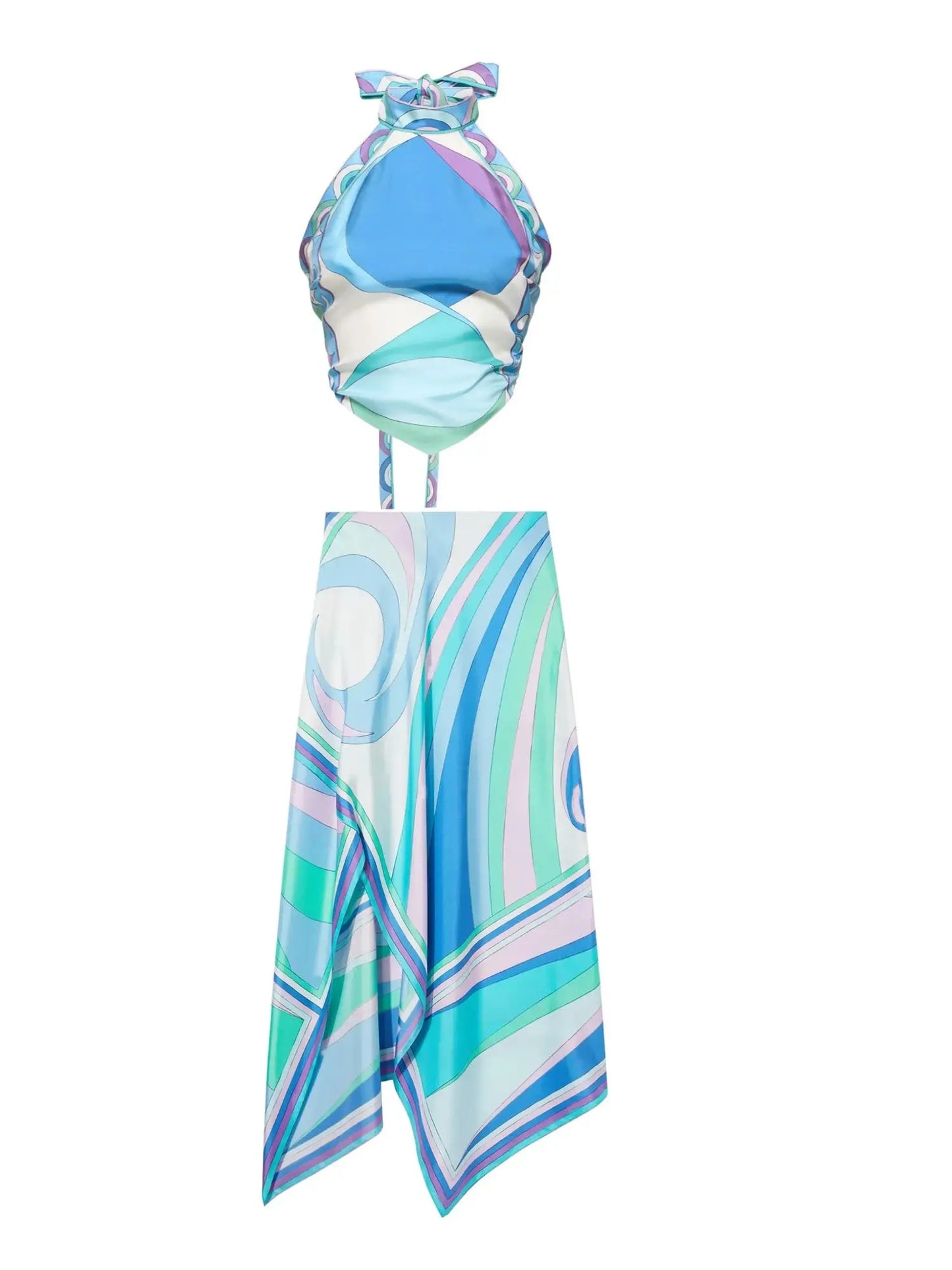 Print Two Piece Skirt New Sexy Halter Beach Dress Women Bra High Waist A-line Long Skirt Suit Summer Holiday Seaside Casual Set