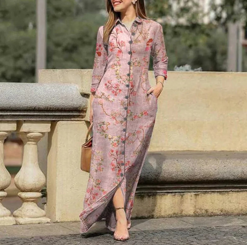 2024 Summer New Fashion Long Women's Dress Single Breasted Long Sleeved Elegant Print Loose Vacation Banquet Dress