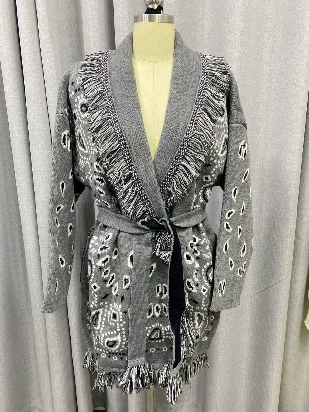 Boho Inspired Women's elegant Belt cashmere cardigan women High quality Wool Tassels jacquard grey knit cardigan long oversized