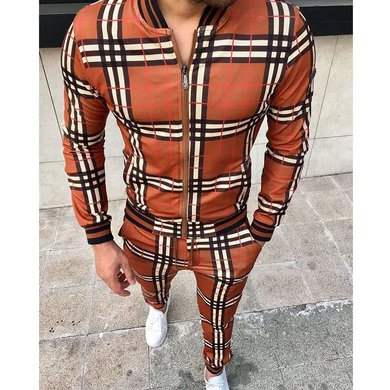 2025 Autumn Men Tracksuit 2kc Set Plaid Zipper mikina bunda dlouhé kalhoty neformální tělocvična běh běhací oblečení Fleece Sportswear