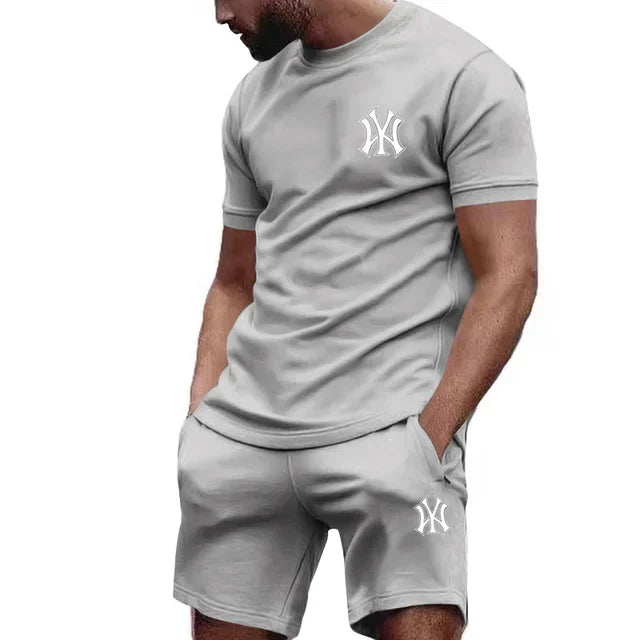 New hot selling 2025 men's two-piece sportswear short sleeved T-shirt and pants set running and fitness sportswear summer