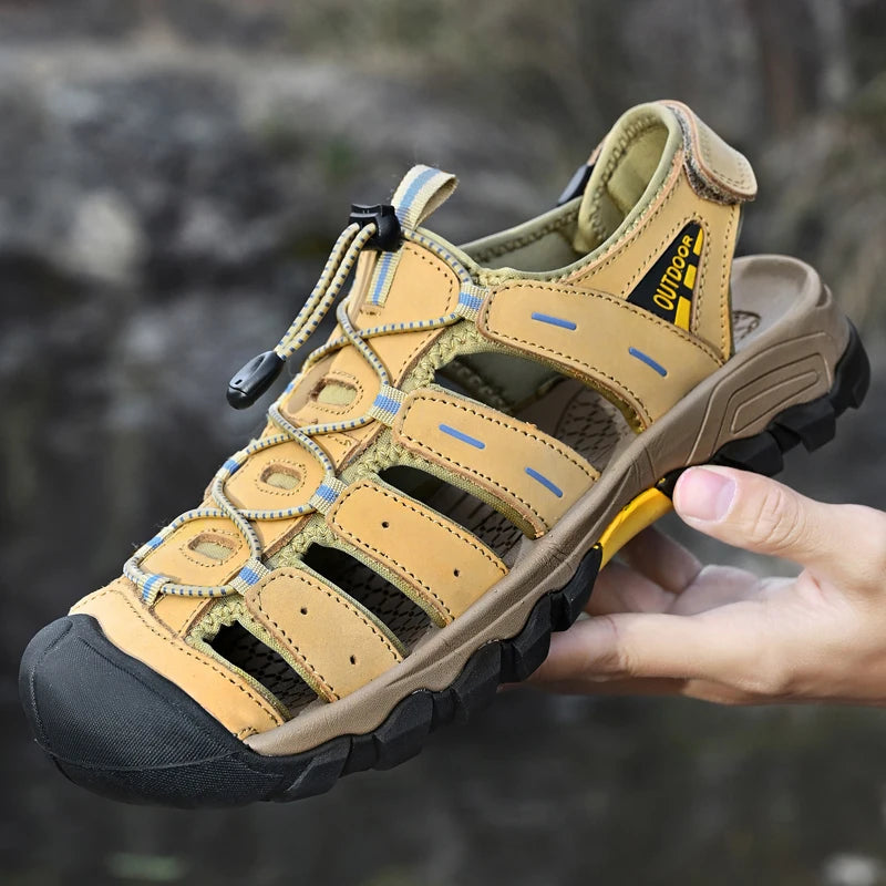 Summer Genuine Leather Men's Sandals Classic Breathable Slip-On Sandals Men Outdoor Casual Beach Sandals Sneakers Plus Size 46