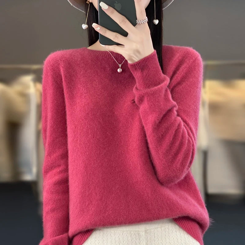 Autumn Winter 100% Merino Wool cashmere Sweater O-Neck Long Sleeve Cashmere Women Knitted Pullover Clothing Top