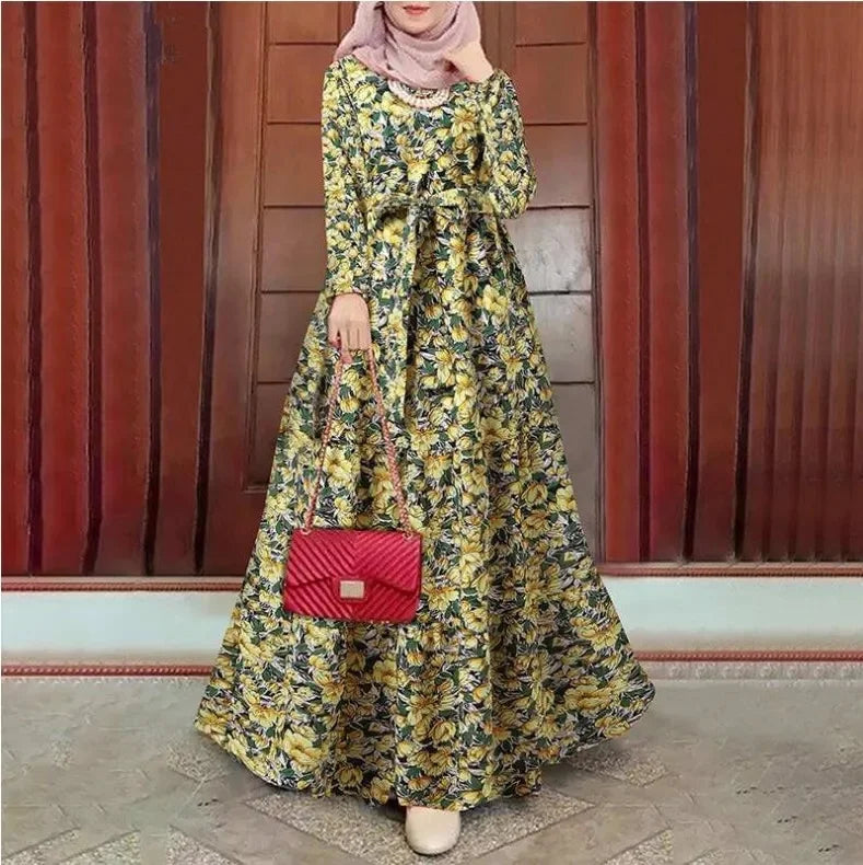 New Vintage Muslim Long Sleeve Printed Sun Dress With Belt Cross-Border Style For Women Fashionable and Elegant