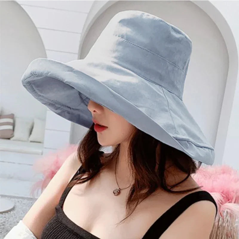 2025 Spring Summer Women's Bucket Hat Panamanian Four Seasons Fisherman Big Brim Hat Double-Sided Solid Color Sun Visor Cap