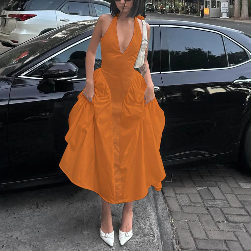 Talenza Backless Deep V Spliced Long Dress Summer Women's Sexy Party Dress Halter New Fashion Slim White Sleeveless Long Dress