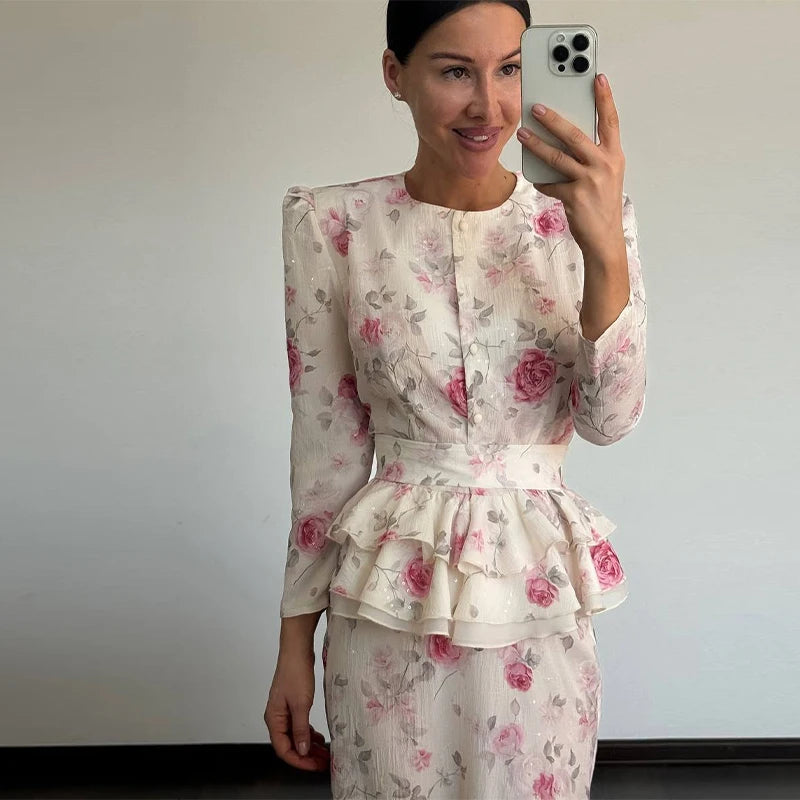 Elegantní tiskové vrcholy sukně Nastavuje ženy plné vzplanutí rukávu V-krk košile hip balíček sukně