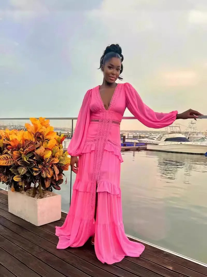 Elegantní dámské maxi šaty volánky s dlouhým rukávem duté večerní šaty večírky Chic roucha zelená modrá fialová fialová nová v dovolené léto