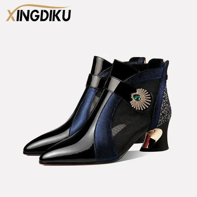 2022 Summer Mesh Breathable Sandals with Rhinestone Decoration Shaped Heels Retro British Style Sandals Leather Boots Women