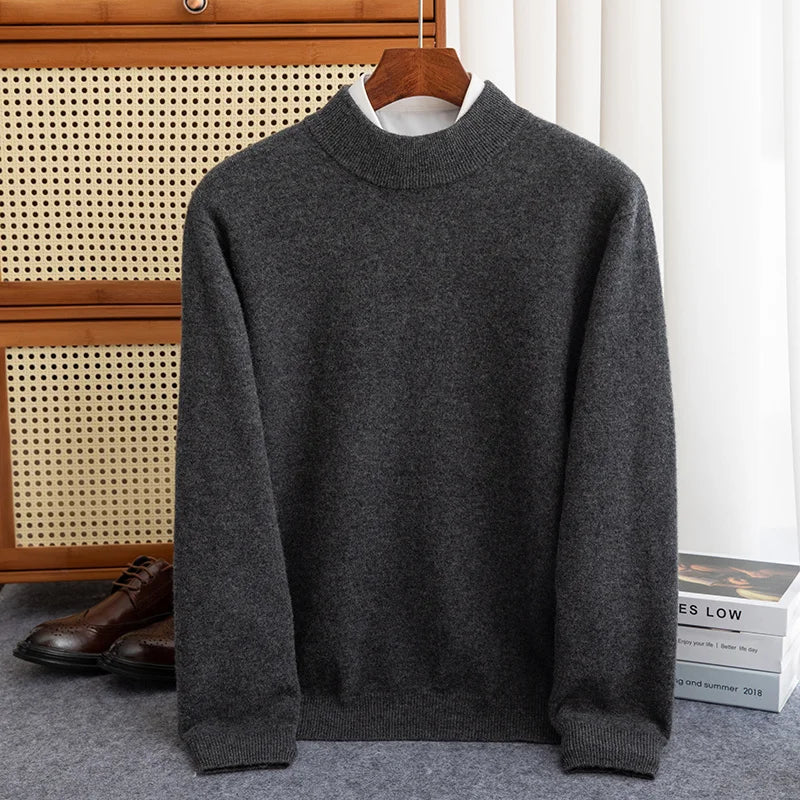 Nowa moda mężczyzn 100% wełniana pullover pół-wysoki kołnierz sweter jesienny zima ciepły solidny kolor dzianinowy sweter biznesowy