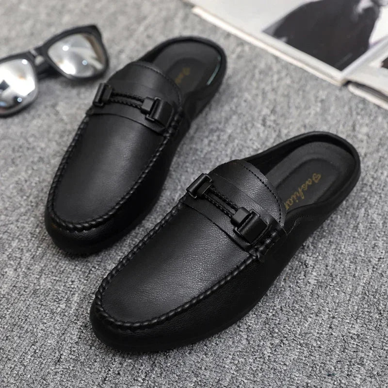 Leather Men Half Slippers Summer Breathable Mens Casual Shoes Slip-on Lazy Driving Shoes Comfortable Walking Loafers Moccasins