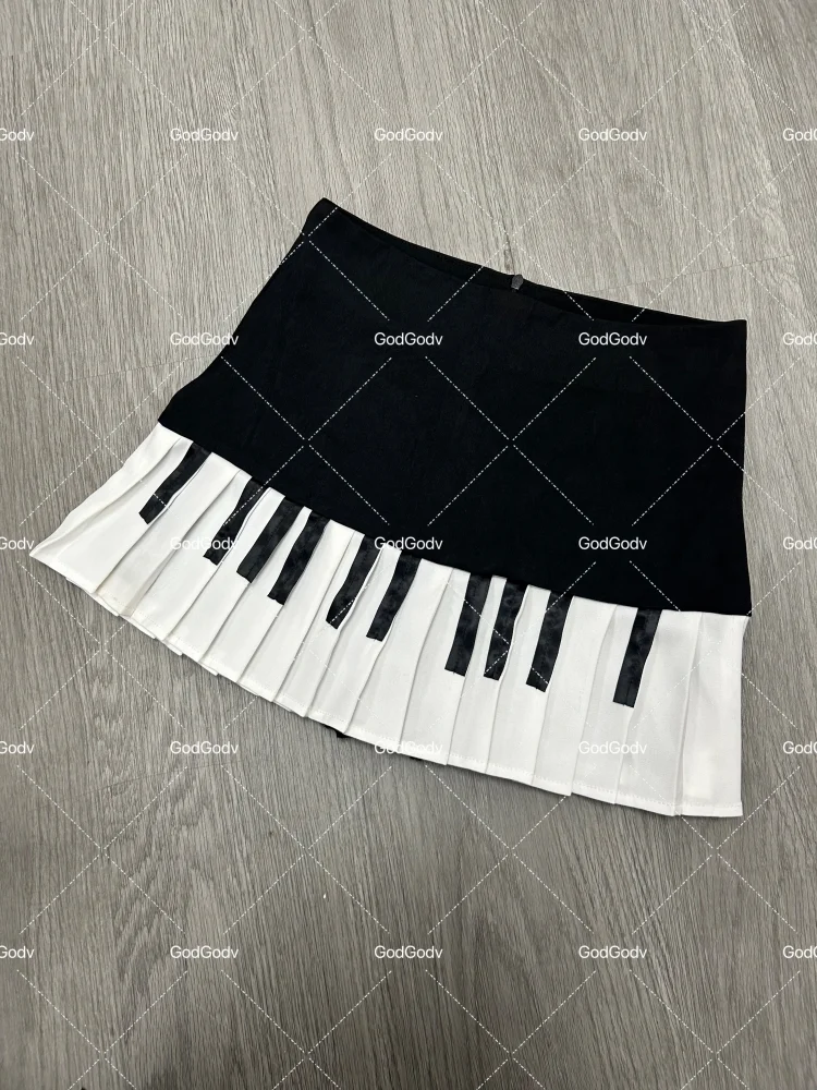 Spring Black White Spliced Women Short Skirt 2025 Y2k Slim Design Harajuku Mini Skirt Female Empire Korea Style Chic Piano Skirt