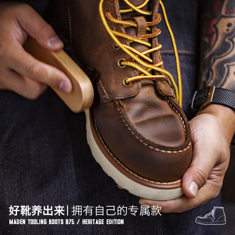 Maden Vintage 875 kotníkových bot pravé bláznivé koně kožená kožená kulatá špička odolná vysoká špičková krajková bota pro zimní podzimní pracovní boty